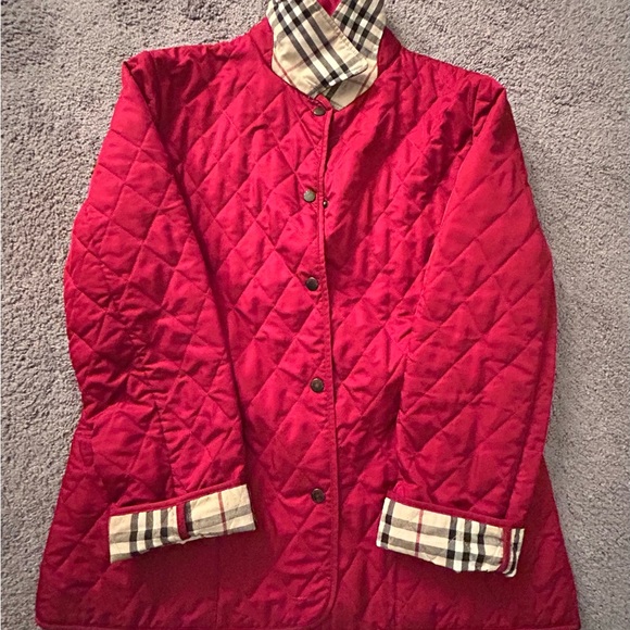 Burberry Red Quilted Jacket with Plaid Details - Picture 1 of 12